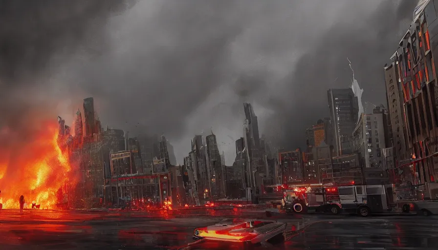 Image similar to Movie scene of a fire tornado in a middle of a city by Stephen Mcmennamy, hyperdetailed, artstation, cgsociety, 8k