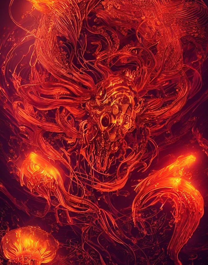 Image similar to demon portrait. burning water distortions. intricate abstract ornament. jellyfish phoenix head. intricate artwork. by Tooth Wu, wlop, beeple, dan mumford. octane render, trending on artstation, greg rutkowski very coherent symmetrical artwork. cinematic, hyper realism, high detail, octane render, 8k, depth of field, bokeh. iridescent accents