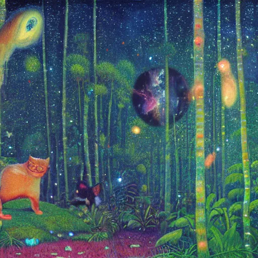 Image similar to psychedelic small cats hidden lush pine forest, outer space, milky way, designed by arnold bocklin, jules bastien - lepage, tarsila do amaral, wayne barlowe and gustave baumann, cheval michael, trending on artstation, star, sharp focus, colorful refracted sparkles and lines, soft light, 8 k 4 k