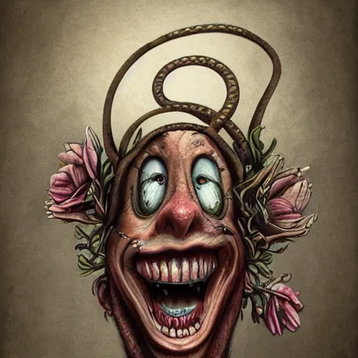 Prompt: surrealism grunge cartoon sketch of a human snake with a wide smile holding flowers by - michael karcz, loony toons style, horror theme, detailed, elegant, intricate