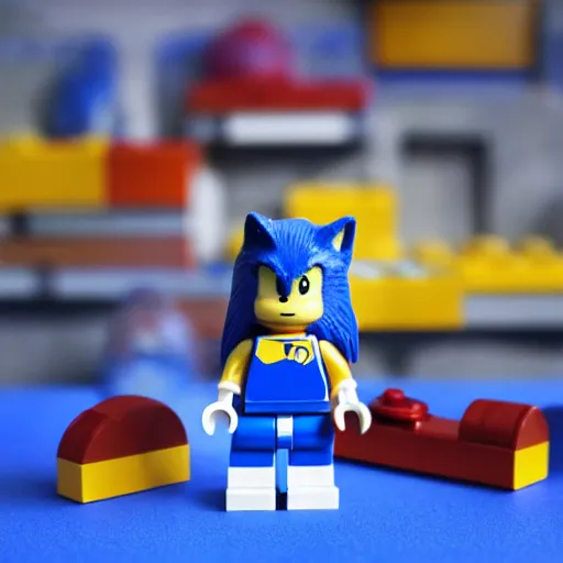 Image similar to sonic the hedgehog as a lego minifigure, high quality digital photography