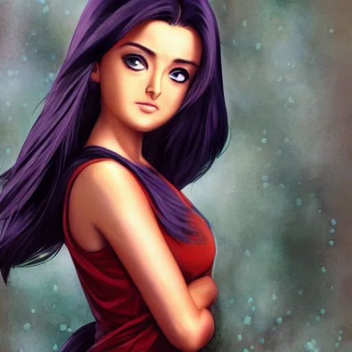 Image similar to beautiful anime cute teen girl resembling Aishwarya Rai, Indian natural beauty expressive pose, art by mark brooks, but as a real life photograph, HDR photorealism, cinematic lighting, 8k ultra high definition