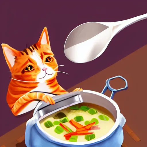 Prompt: a cat cooking soup, stirring a pot with a ladle and cutting vegetables, fantasy illustration, trending on artstation, deviantart, very realistic, 4k