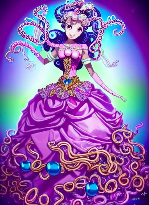 Image similar to A full body shot of a cute and mischievous monster princess with Sailor Moon hair made of tentacles wearing an ornate ball gown covered in jewels. Dynamic Pose. Quinceanera dress. Rainbow palette. rainbowcore. Eldritch Beauty. defined facial features, symmetrical facial features. Opalescent surface. beautiful lighting. By Giger and Ruan Jia and Artgerm and WLOP and William-Adolphe Bouguereau. Photo real. Hyper-real. Photorealism. Fantasy Illustration. Sailor Moon hair. Masterpiece. trending on artstation, featured on pixiv, award winning, cinematic composition, dramatic pose, sharp, details, Hyper-detailed, HD, HDR, 4K, 8K.