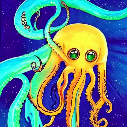 Prompt: Cthlulu!!!!!!!!!!!!!!! Is an influencer on instagram trying to sell his MLM candles, pyramid scheme, Squid-face lovecraftian eldritch profile pic, oil painting, tentacles, glow galaxy background,