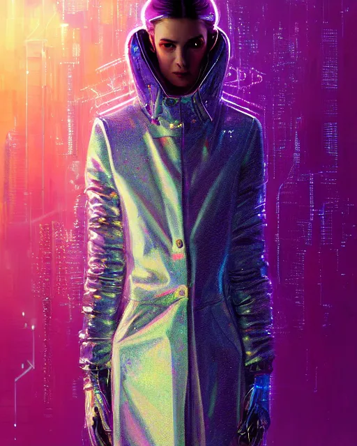 Image similar to detailed portrait of European Pretty Young Girl Sheen Holographic Jacket coat, Futuristic sci-fi fashion, royal attire cyberpunk, neotokyo, synthwave, aesthetics, futuristic, low-emission-neon, bladerunner movie scene by ismail inceoglu dragan bibin hans thoma greg rutkowski Alexandros Pyromallis Nekro Rene Margitte illustrated Perfect face, fine details, realistic shaded, fine-face, pretty face sharp chine