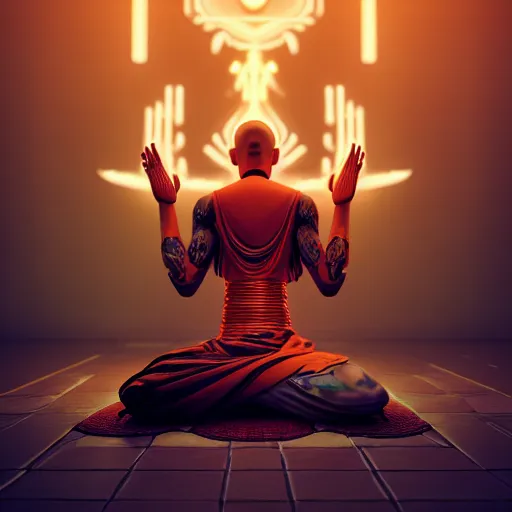 Image similar to an cybernetic monk praying with hands above head, monk robe and tattoos, octane render, unreal engine, 8 k, cinematic, artwork by ilya kuvshinov