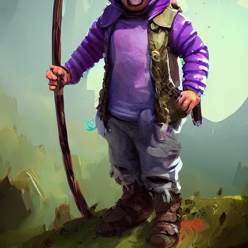 Image similar to male gnome youth adventurer with purple skin, by Ismail Inceoglu, wearing leather adventuring clothes, shabby, short, kid, bald, wielding knife, happy grin, character portrait closeup, digital art, dungeons and dragon, character