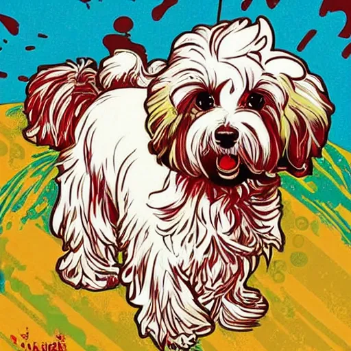 Image similar to havanese dog, sunset illustration, pop art, splash painting, art by geof darrow, ashley wood, alphonse mucha