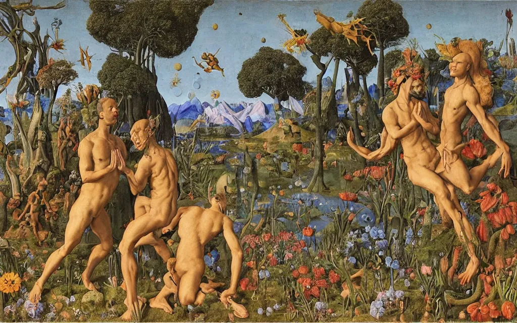 Image similar to a portrait photograph of a meditating satyr and a centaur monk riding a rocket machine and hunting at a river delta. surrounded by bulbous flowers and trees. mountain range under a blue sky of fiery stars. by jan van eyck, max ernst, ernst haeckel, ernst fuchs and artgerm, cgsociety, fashion editorial, 8 k