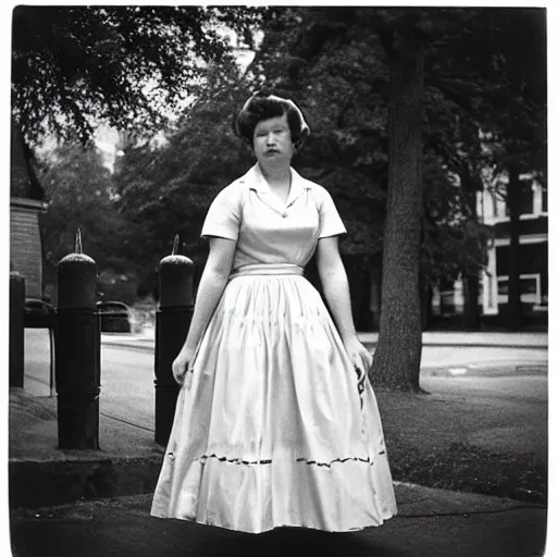 Image similar to photo of a woman in a dress by vivian maier. professional photography.