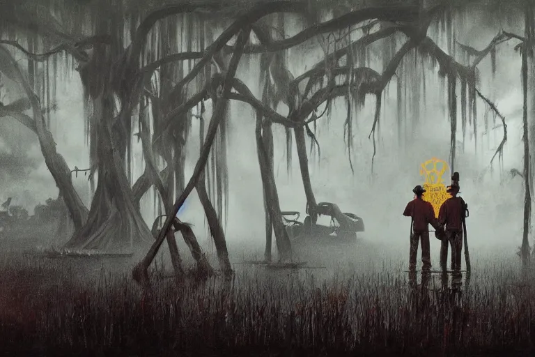 Prompt: scene from louisiana swamps, airboat, neon satanic pentagram, boy scout troop, voodoo artwork by tim eitel