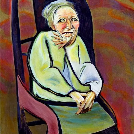 Image similar to old woman crying sitting in a rocking chair, expressionism