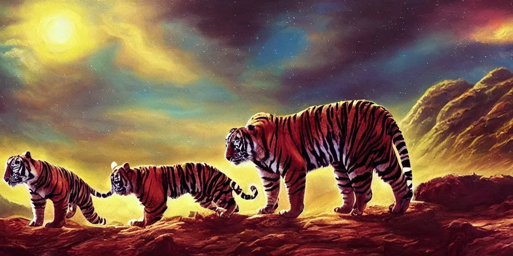 Image similar to alien landscape, bengal tigers, oil painting 8 k, trending on artstation, bob ross, really really good