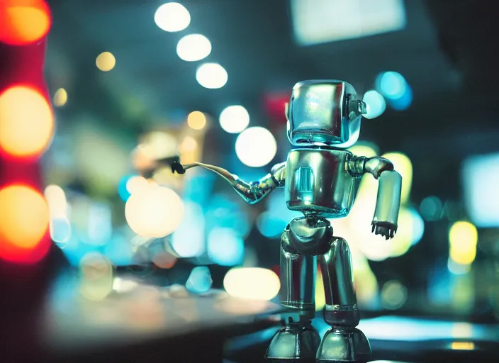 Image similar to a 2 8 mm macro kodachrome photo of a sad metallic robot with glowing lights and electric wires, getting drunk alone at a bar in the 1 9 5 0's, seen from a distance, bokeh, canon 5 0 mm, cinematic lighting, film, photography, golden hour, depth of field, award - winning