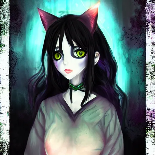 Prompt: portrait of darkness witch as an anime girl, dark forest background, inspired by Tim Burton, digital painting, unreal engine render, volumetric light, high détail