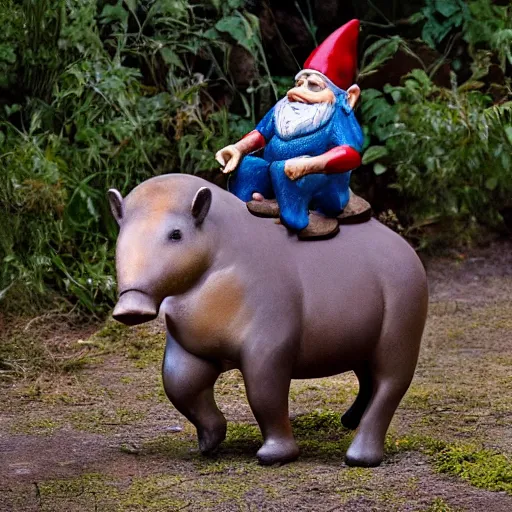 Prompt: A photograph of a gnome riding a tapir.