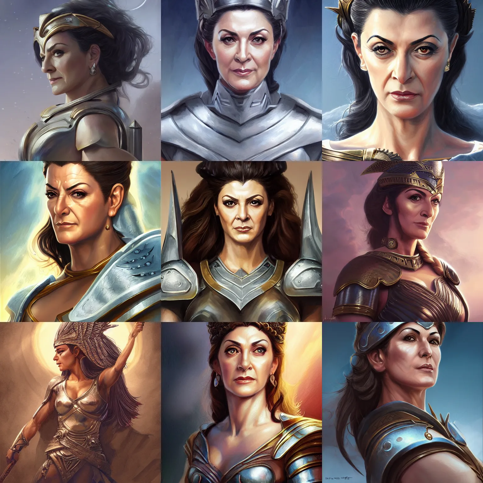 Prompt: athena, greek goddess of war, marina sirtis, armor, d & d, fantasy, portrait, highly detailed, headshot, digital painting, trending on artstation, concept art, sharp focus, illustration, art by artgerm and greg rutkowski and magali villeneuve