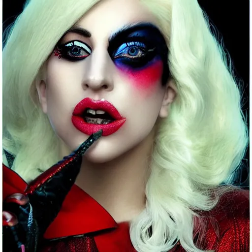 Image similar to detailed 4 k photorealistic lady gaga as harley queen make up and costum in the style of nick ut and eddie adams and margaret bourke and yousuf karshs and alfred eisenstaedt