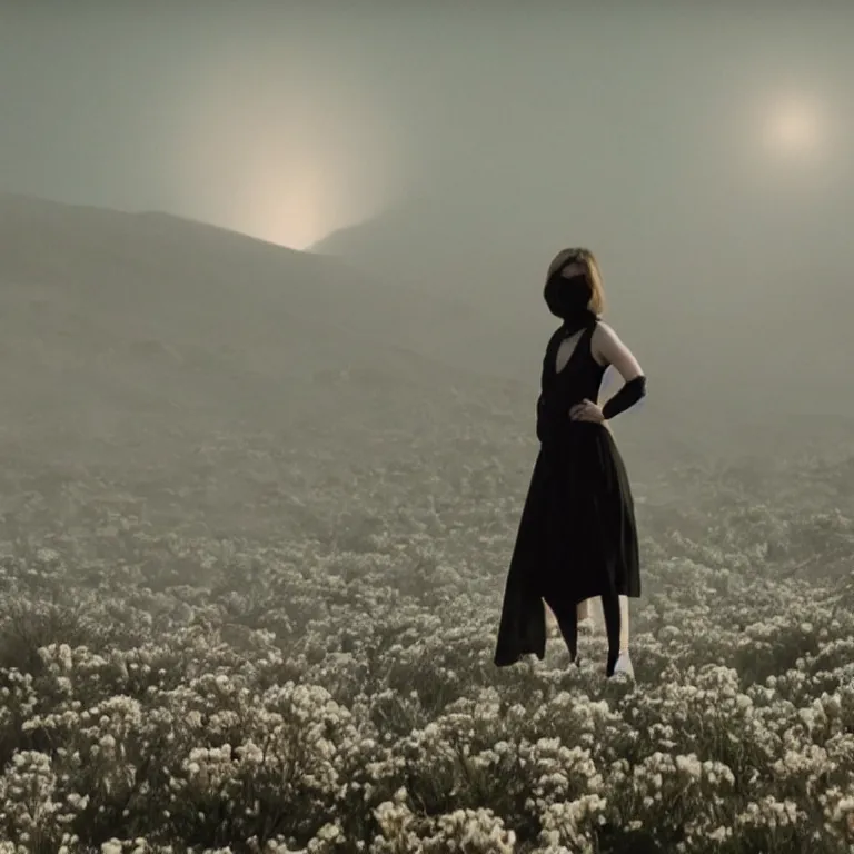 Image similar to The full body shot of beautiful pale woman with many flowers and full-face black mask with glowing halo inside a thick black smoke in rocky desert landscape, glowing eyes, falling star on the background, burning earth by Christopher Doyle, Gaspar Noe, Alejandro Jodorowsky, anamorphic lens, cinematic composition, award winning photo, 8k