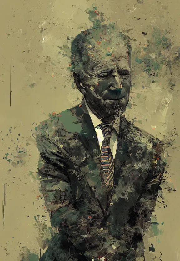 Prompt: portrait of joe biden mail man, intricate abstract, deviantart, by greg rutkowski, green, city below
