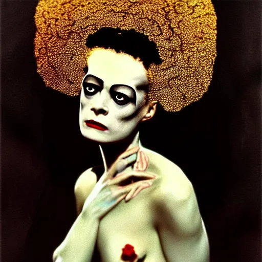 Image similar to a dramatic cinematic portrait photograph of bride of frankenstein influenced by gustav klimt.