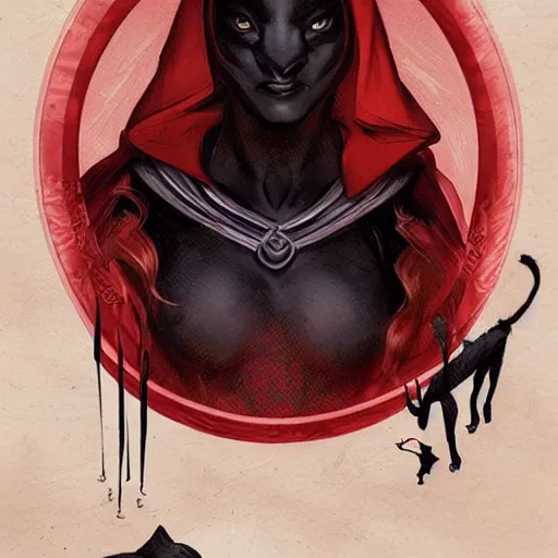 Image similar to Beautiful Portrait of Little Red Riding Hood with a black panther, intricate, wild, highly detailed, digital painting, artstation, concept art, smooth, sharp focus, illustration, art by artgerm and greg rutkowski and alphonse mucha, footage from space camera