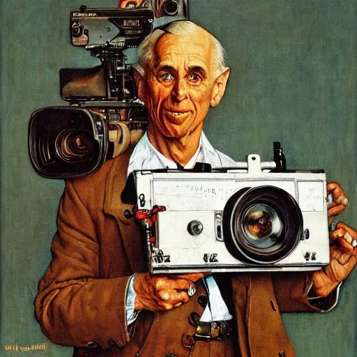 Image similar to norman rockwell painting of a man holding a large television - video - camera