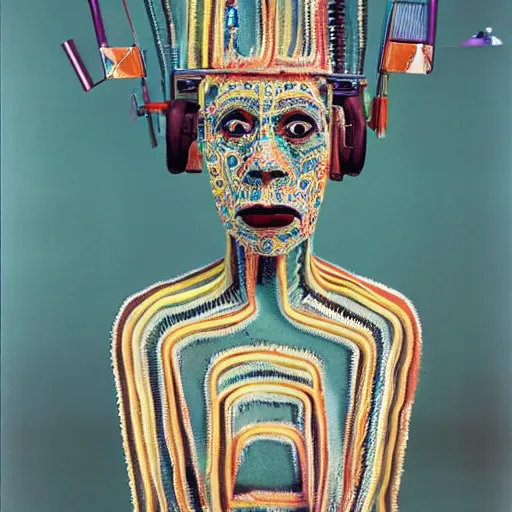 Image similar to A Mayan cyborg, portrait, by Nam June Paik, Man Ray, Annie Liebovitz