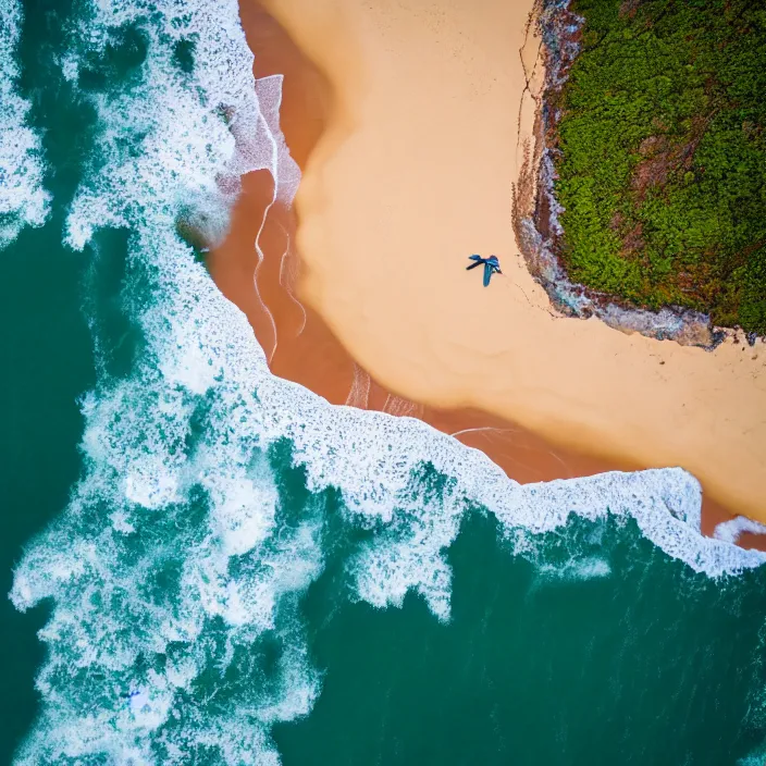 Image similar to an aerial perspective of a crystal clear bay, beach, turquoise ocean, photo - realistic, highly detailed, surfers surfing waves, serene