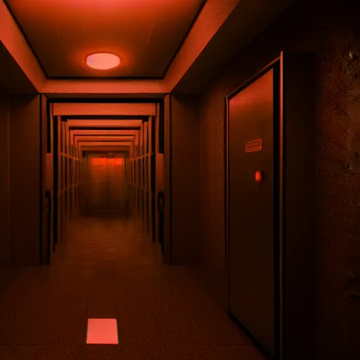 Image similar to Creepy Elevator, Volumetric Lighting, Anamorpic Lens, Cinematic Lighting, Hyperrealistic Rendering, Hyperdetailed, Intricate Details, Dynamic Lights, Raytracing