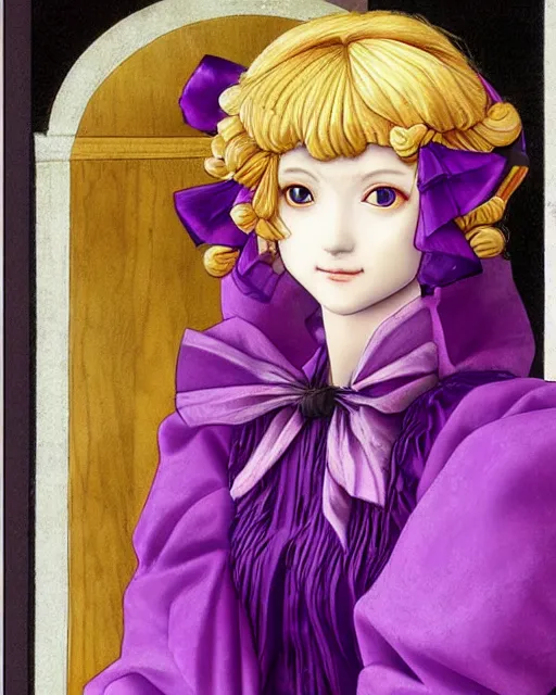 Image similar to touhou character yukari yakumo, purple frilly dress, long blonde hair, bonnet with bow, realistic art, art in the renaissance style of sandro botticelli