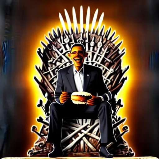 Prompt: barrack obama eating a cheese burger sitting on the iron throne, concept art, intricate, highly detailed, 8 k, trending on artstation, art greg rutkowski, by jordan grimmer