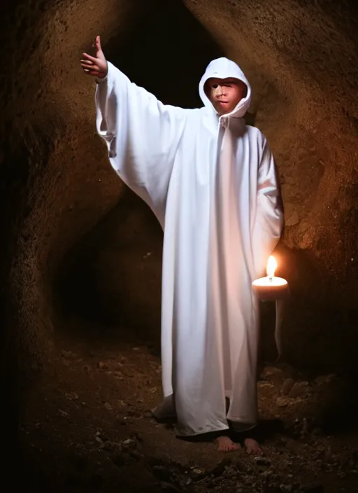 Image similar to photograph of a future jewish prophet wearing a white hood, cinematic, epic framing, closeup, dslr. spiritual, candle lit cave background