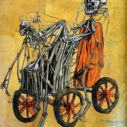 Prompt: The mixed mediart features a human figure driving a chariot. The figure is skeletal and frail, with a large head and eyes. The chariot is pulled by two animals, which are also skeletal and frail. carrot orange, in France by Enki Bilal opulent