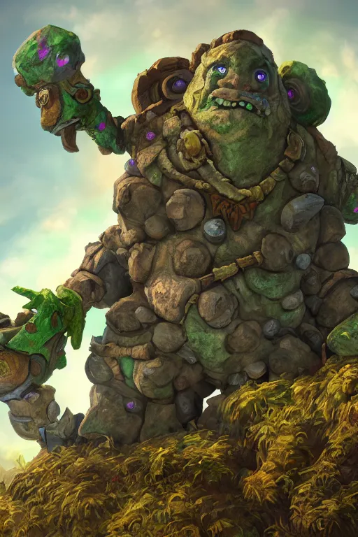 Image similar to zelda fantasy art giant golem troll wood rock greeble gemstone, global illumination ray tracing hdr fanart arstation by sung choi and eric pfeiffer and gabriel garza and casper konefal