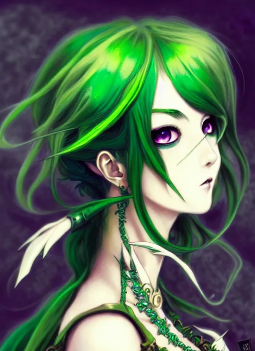 Image similar to beautiful green hair anime woman victorian dress, steampunk, fantasy, eerie, intricate details, pixiv, digital painting, artstation, concept art, 8 k, art by artgerm, loish and alohonse mucha and eiichiro oda symmetrical face symmetrical eyes