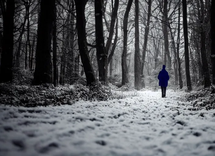 Image similar to a 3 5 mm photo from the back of a senior citizen walking in the misty snowy woods, splash art, movie still, bokeh, canon 5 0 mm, cinematic lighting, dramatic, film, photography, cold blue light, depth of field, award - winning, anamorphic lens flare, 8 k, hyper detailed, 3 5 mm film grain