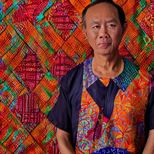 Image similar to A Portrait Photo of Trump wearing batik from Indonesia, award winning photography, sigma 85mm Lens F/1.4, blurred background, perfect faces