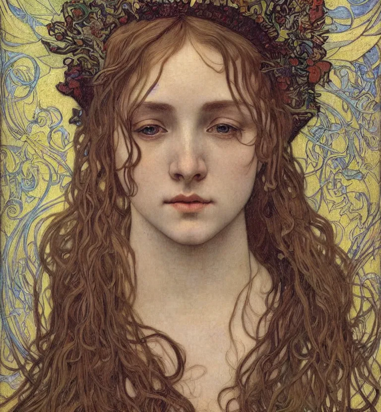 Image similar to detailed realistic beautiful young medieval queen face portrait by jean delville, alphonse mucha, vincent van gogh, and marco mazzoni, art nouveau, symbolist, visionary, gothic, pre - raphaelite