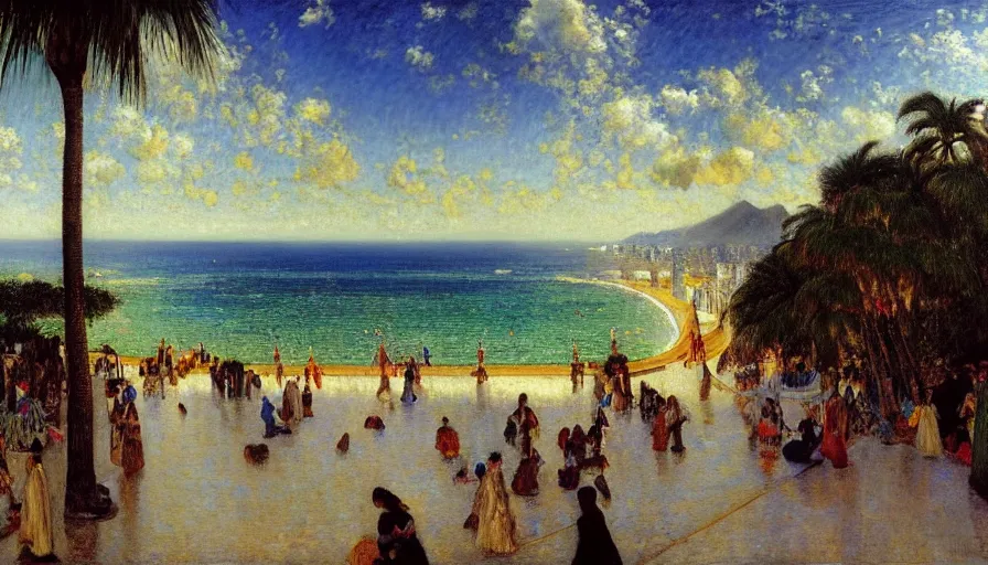 Image similar to a ultradetailed beautiful painting of the thunderstorm sky of the rio de janeiro palace balustrade designed by jules bastien - lepage, tarsila do amaral, frank weston and gustave baumann, beach, trending on artstation, mediterranean, palm trees, sharp focus, colorful refracted sparkles and lines, soft light, 8 k 4 k