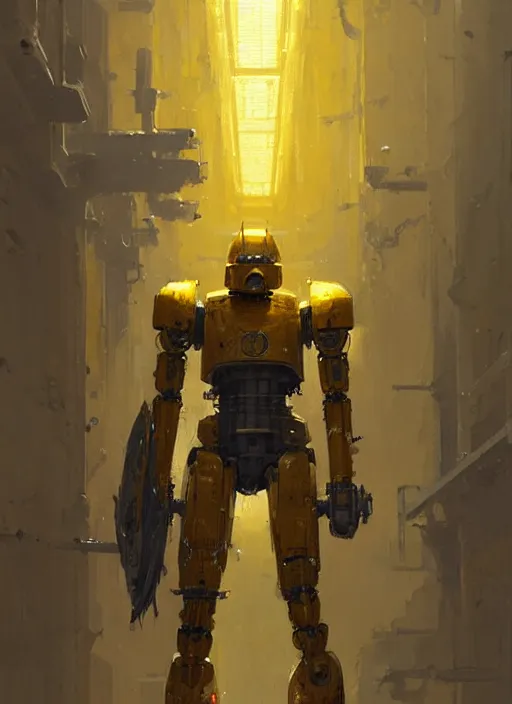 Image similar to human-sized strong intricate yellow pit droid carrying paladin medieval longsword!!!, pancake short large head painterly humanoid mecha, by Greg Rutkowski