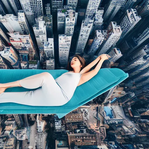 Prompt: a woman laying down on a flying mattress, she is looking down on the buildings far below her, uhd, 8k, dreamy, photo, hyper detailed,