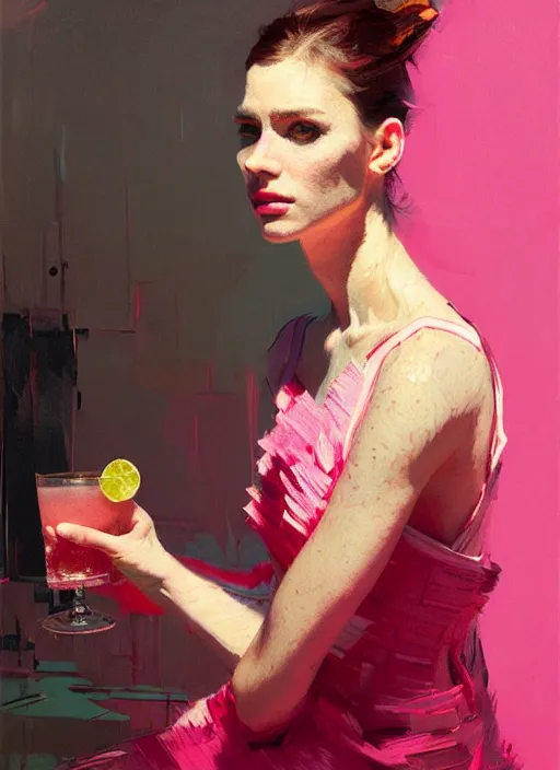 Prompt: portrait of a beautiful girl, drinking a cocktail, shades of pink, beautiful face, rule of thirds, intricate outfit, spotlight, by greg rutkowski, by jeremy mann, by francoise nielly, by van gogh, digital painting