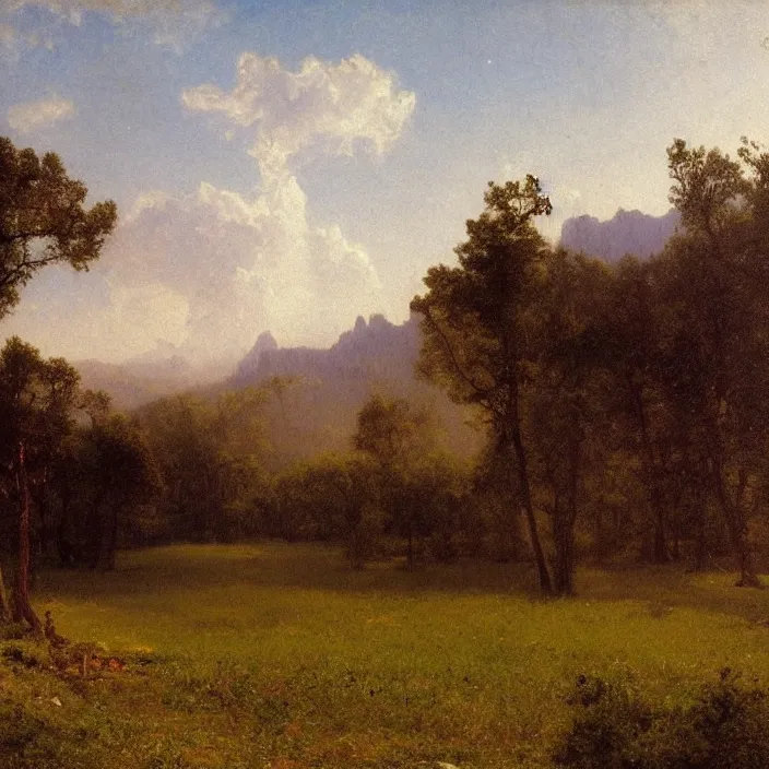 Image similar to a building in a landscape, by albert bierstadt