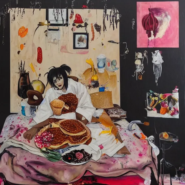 Image similar to a portrait in a female art student's bedroom, black walls, a woman sitting on a bed made of pancakes, honey dripping, berries dripping, chocolate, surgical supplies, ikebana, octopus, neo - expressionism, surrealism, acrylic and spray paint and oilstick on canvas