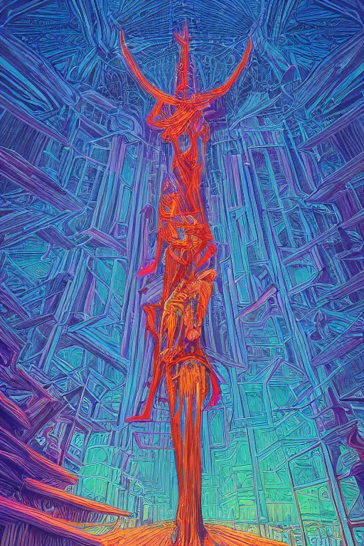 Image similar to a detailed digital neon illustration of the tall wooden burningman effigy in the style of dan mumford. maya render, greg rutkowski , psychedelic, fantasy, 8k, 3d render, intricate, symmetry, cinematic, hyper realism, high detail, 8k, iridescent accents