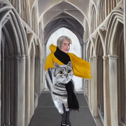 Prompt: oil painting extreme wide shot of a [ white and grey tabby cat ] wearing a [ hufflepuff scarf ], in the gloucester cathedral cloisters