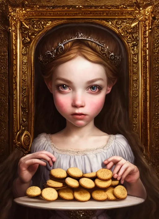 Image similar to highly detailed closeup portrait of a fairytale medieval princess eating cookies, unreal engine, nicoletta ceccoli, mark ryden, lostfish, earl norem, global illumination, god rays, detailed and intricate environment