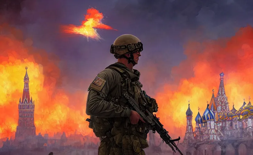 Image similar to special forces soldier with ukrainian blue and yellow shoulder patch watches red square kremlin burn in the background, d & d, fantasy, bright atmosphere, volumetric lights, intricate, elegant, extremely detailed, digital painting, artstation, concept art, matte, smooth, sharp focus, hyper realistic, illustration, art by artgerm and greg rutkowski and alphonse mucha